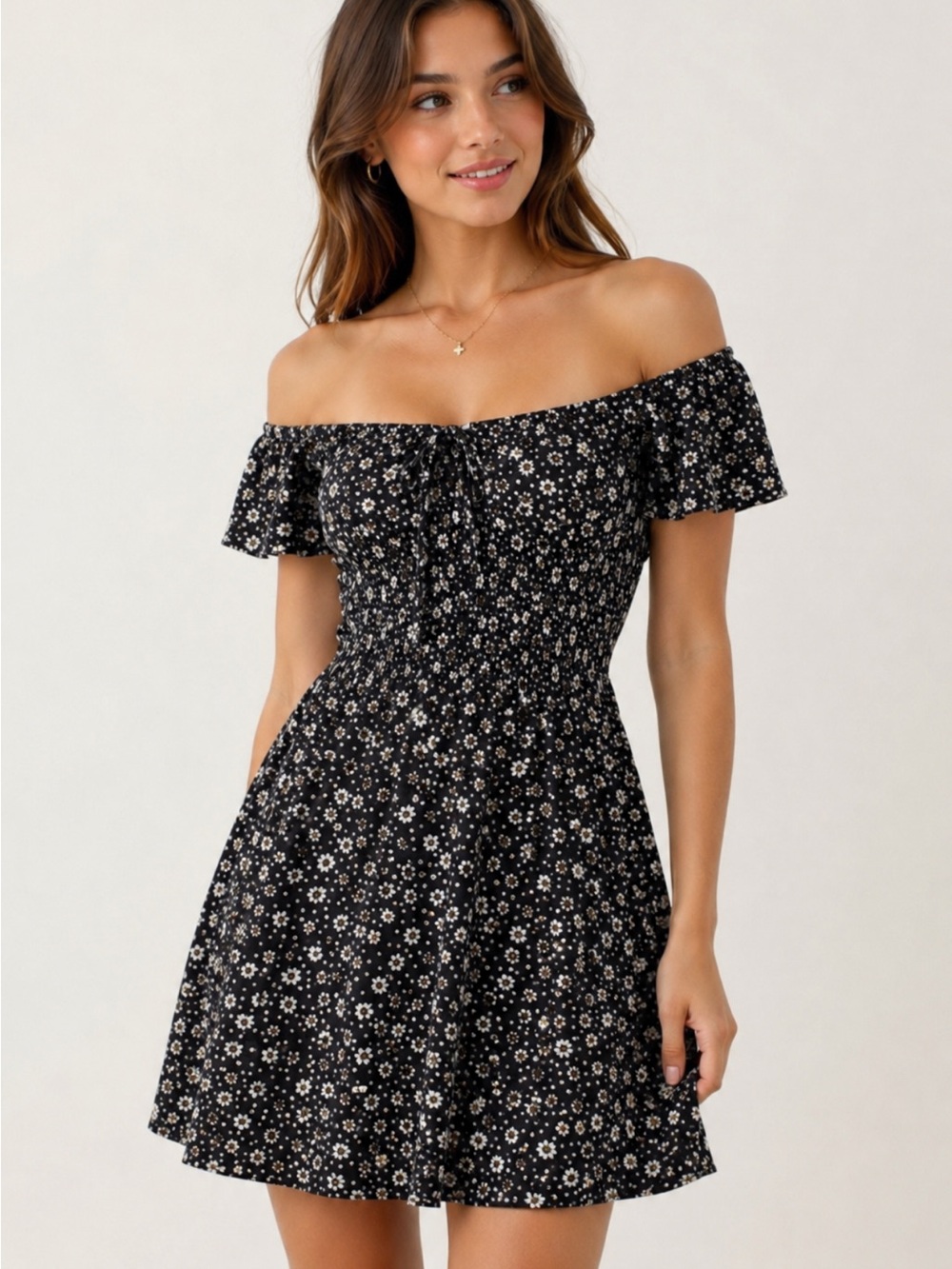 American Eagle Black Floral Off-Shoulder Mini Dress Smocked Boho Small